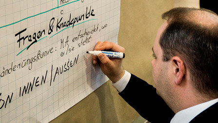 Ein Mann schreibt auf eine Flipchart (Bild anzeigen)