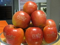 Äpfel mit dem Aufdruck „Jobs mit Biss in der Pflege“