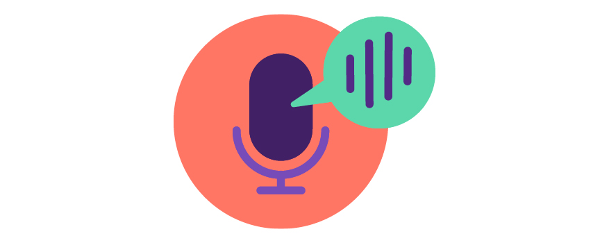 Ein Podcast Mikrofon in einem roten Kreis mit einer grünen Sprechblase.