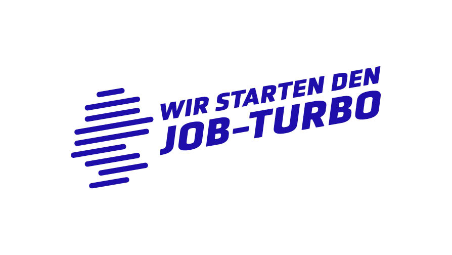 Schriftzug in blau mit dem Text Wir starten den Job-TurboÖffnet Seite: Job-Turbo