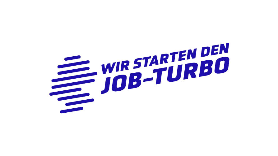 Schriftzug in blau mit dem Text Wir starten den Job-Turbo