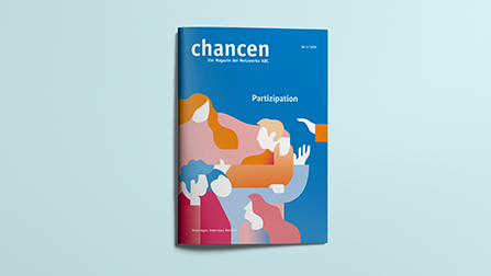Man sieht ein Cover eines blauen Hefts mit einer bunten IllustrationÖffnet Seite: Partizipation
