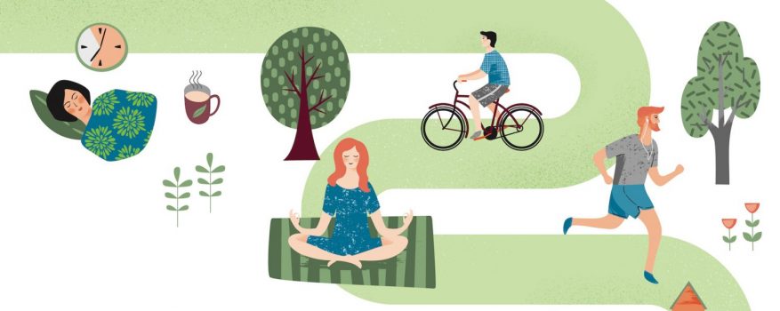 Illustration mit einem Fahrradfahrer, einem Jogger, einer Meditierenden sowie einer Schlafenden. 