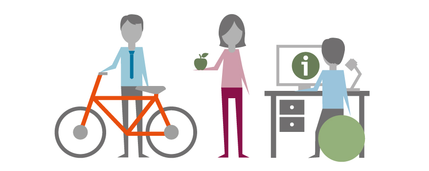 Grafik: Mann mit Fahrrad, Frau mit Apfel und Mann am Schreibtisch auf Gymnastikball