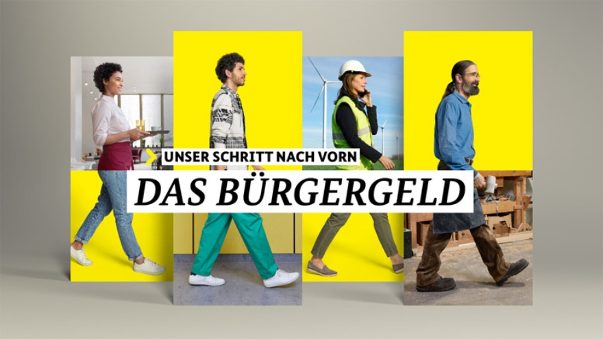 zeigt das Bürgergeld Logo mit dem Untertitel: Unser Schritt nach vorn zeigt das Bürgergeld Logo mit dem Untertitel: Unser Schritt nach vorn
