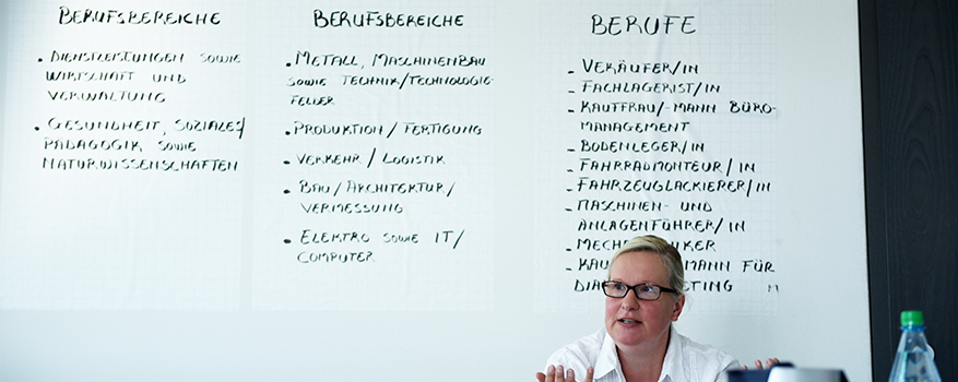 Carola Brunotte sitzt vor einer Wand mit Notizen zu verschiedenen Berufsbereichen und Berufen.