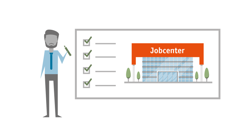Infografik: Ein Mann steht neben einer Checkliste und dem Gebäude eines Jobcenters.