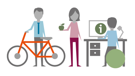 Grafik: Mann mit Fahrrad, Frau mit Apfel und Mann am Schreibtisch auf GymnastikballÖffnet Seite: Gezielte Gesundheitsförderung
